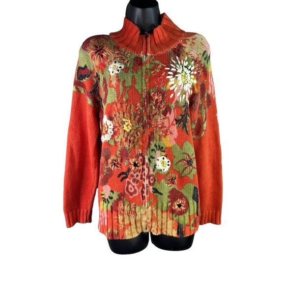 Coldwater Creek Embroidered Floral Full Zip Sweater M Mock Artistic Boho Knit - Picture 1 of 16
